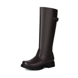 Womens Retro British-Style Leather Belt-Buckle Riding Boots