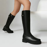Womens Retro British-Style Leather Belt-Buckle Riding Boots
